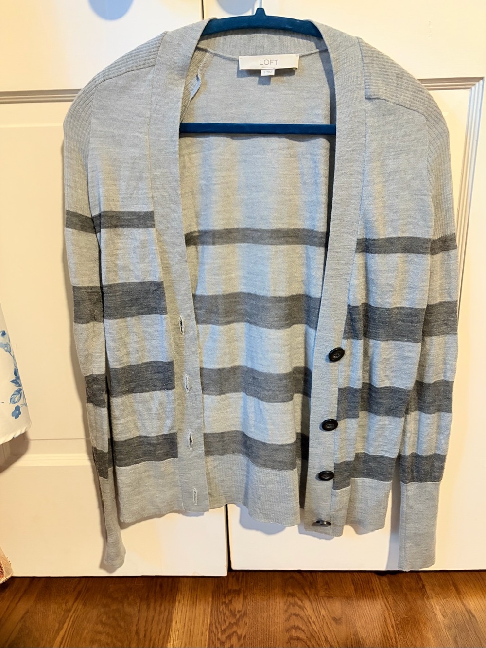 LOFT Gray Striped Button-Front Cardigan